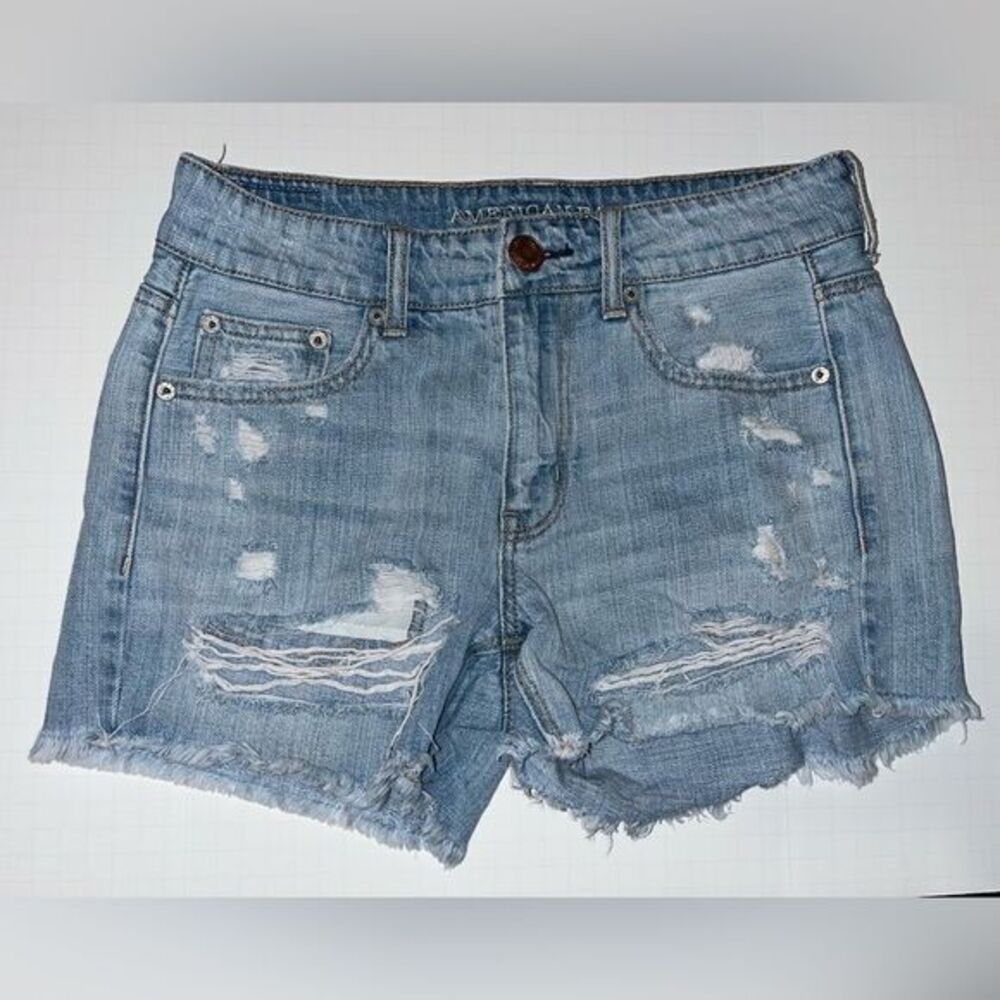American Eagle TOMGIRL MIDI denim jean shorts distressed destroyed cut-offs SZ 2